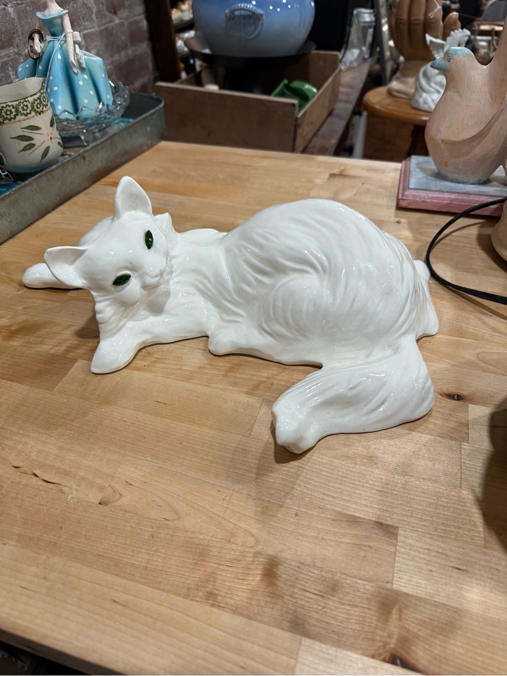 White Ceramic Cat Figurine Green Eyes - Decorative Pet Sculpture large vintage